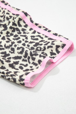 White Contrast V Neck Varsity Short Sleeve Leopard Top