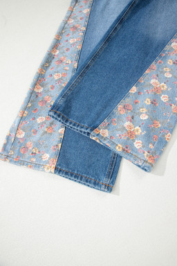 Peacock Blue Floral Patchwork Bib Denim Wide Leg Overalls