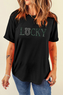 Black LUCKY Rhinestone Graphic Rolled Sleeve Tee