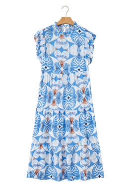 Sky Blue Tropical Botanic Print Flutter Sleeve Vacation Long Dress