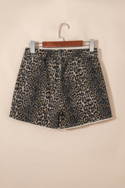 Khaki Contrast Scalloped Lace Trim Leopard Denim Shorts