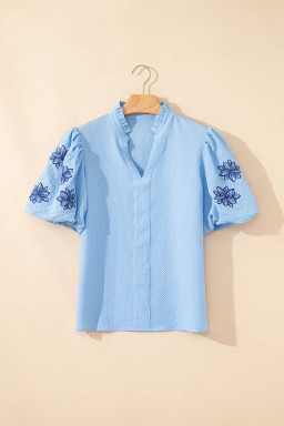 Beau Blue Flower Embroidered Puff Sleeve Split Neck Textured Blouse