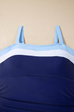 Navy Blue Color Block Detail Adjustable Straps One Piece Swimsuit