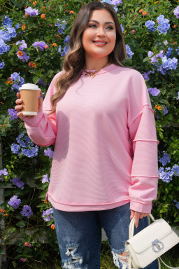 Pink Drop Shoulder Long Sleeve Plus Size Ribbed Top