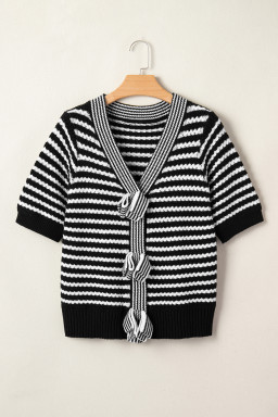 Black Stripe Short Sleeve Knit V Neck Bow Knot Sweater