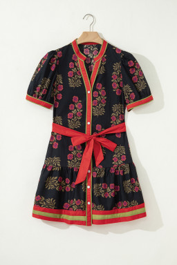 Black Retro Floral Print Button Down Belted Short Puff Sleeve Mini Dress