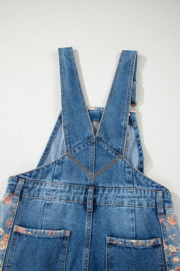 Peacock Blue Floral Patchwork Bib Denim Wide Leg Overalls