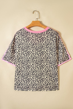 White Contrast V Neck Varsity Short Sleeve Leopard Top