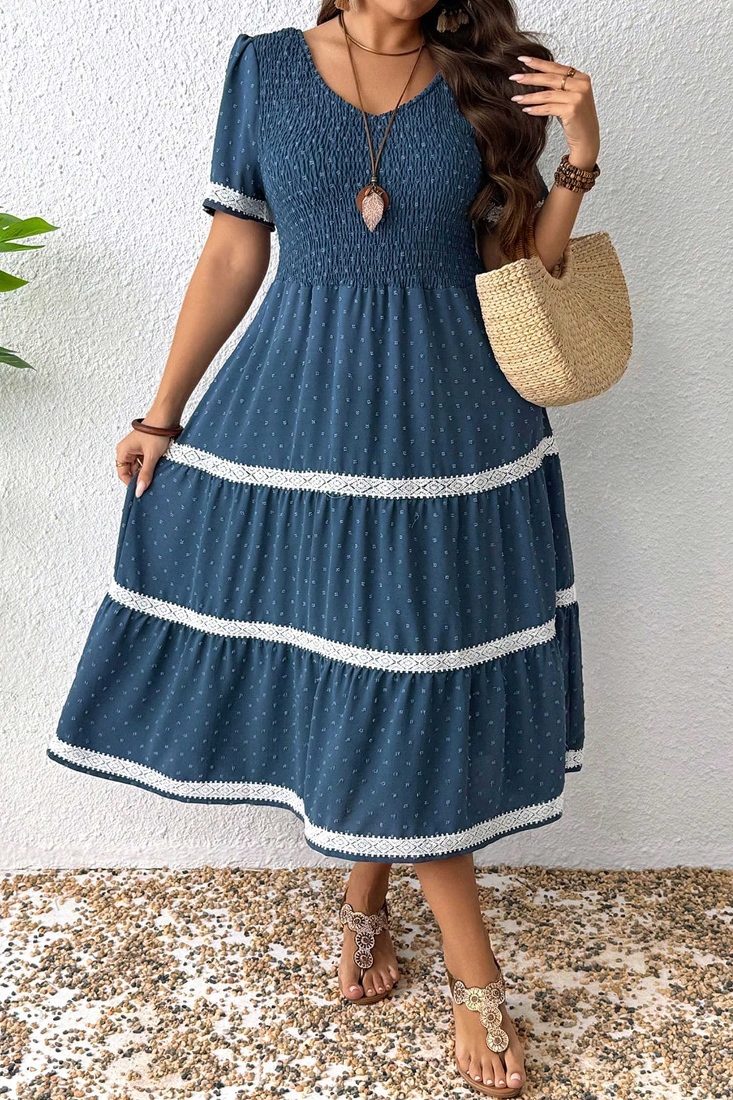 Dusk Blue Plus Size V Neck Swiss Dot Lace Patchwork Detail Flared Midi Dress