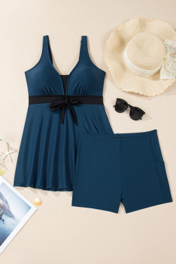 Sail Blue Color Block Patchwork Bow Knot Detail Sleeveless Swim Dress