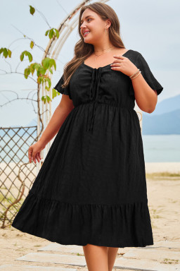 Black Plus Size Short Sleeve Lace-up High Waist Midi Dress