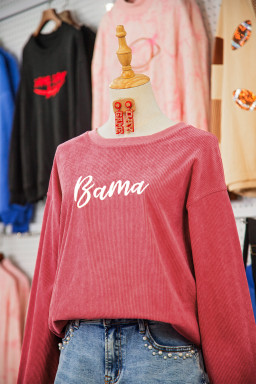 Strawberry Pink Corded Ribbed Bama Embroidered Letter Graphic Sweatshirt