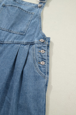 Dusk Blue Pleated Wide Leg Retro Pocketed Denim Jumpsuit