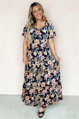 Blue Short Sleeve Smocked Detail High Waist Floral Maxi Dress