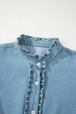 Myosotis Frilled Detail Button Down Ruffle Short Sleeve Denim Mini Dress