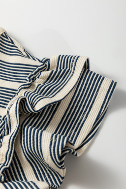 Blue Stripe Ruffled Short Sleeve Contrast Trim Button Notched Neck Midi Dress