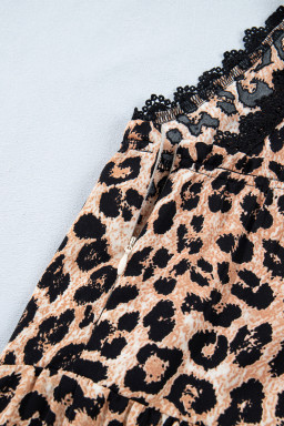 Khaki Cheetah Printed Contrast Lace Detail Ruffled Wide Leg Jumpsuit