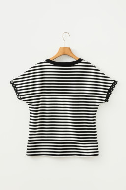 Black Striped Print V Neck Delicate Trim Casual Tee