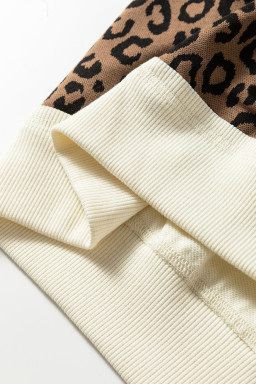 Beige Raw Seam Color Block Leopard Patchwork Baggy Long Sleeve Top