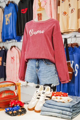 Strawberry Pink Corded Ribbed Bama Embroidered Letter Graphic Sweatshirt