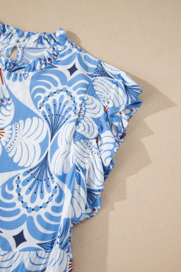 Sky Blue Tropical Botanic Print Flutter Sleeve Vacation Long Dress