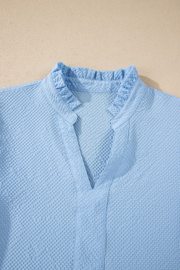 Beau Blue Flower Embroidered Puff Sleeve Split Neck Textured Blouse