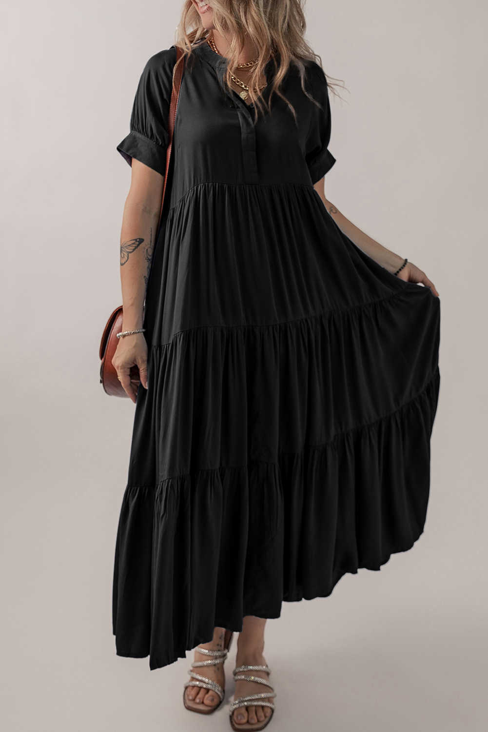 Black Hidden Buttons Short Sleeve Ruffle Tiered Long Flared Dress