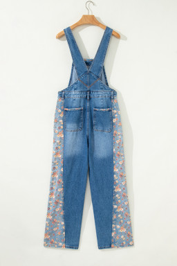 Peacock Blue Floral Patchwork Bib Denim Wide Leg Overalls
