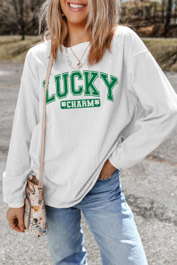 White LUCKY CHARM Graphic Corded Sweatshirt