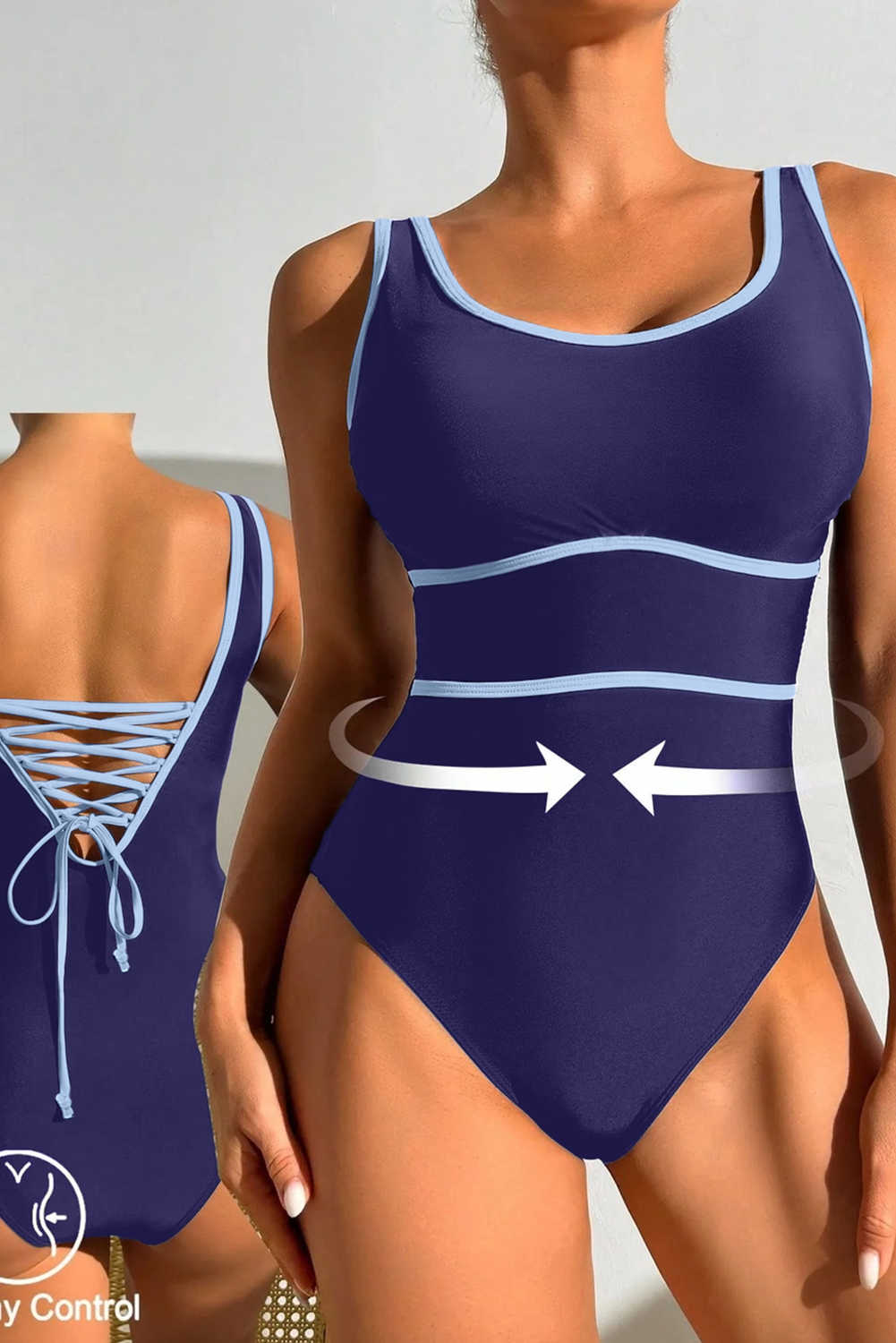 Navy Blue Contrast Trim Lace-up Back One Piece Swimsuit