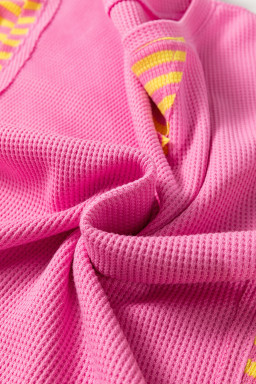 Bright Pink Waffle Textured Contrast Striped Patchwork Loose T Shirt