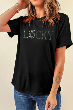 Black LUCKY Rhinestone Graphic Rolled Sleeve Tee