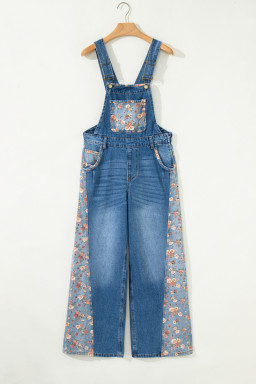 Peacock Blue Floral Patchwork Bib Denim Wide Leg Overalls