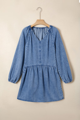 Myosotis Puff Sleeve V Neck Ruffled Loose Denim Mini Dress