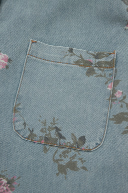 Beau Blue Floral Print Pleated High Waist Wide Leg Denim Jumpsuit