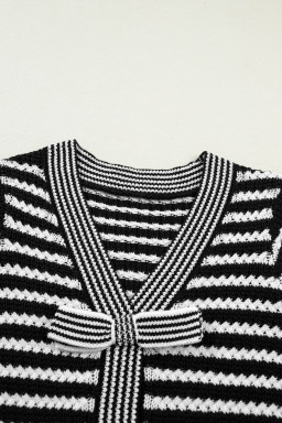 Black Stripe Short Sleeve Knit V Neck Bow Knot Sweater