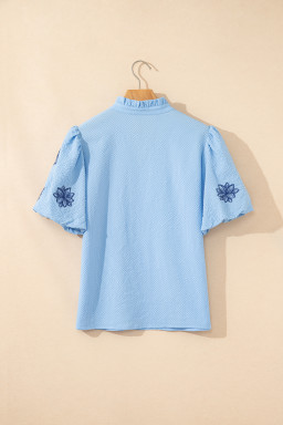 Beau Blue Flower Embroidered Puff Sleeve Split Neck Textured Blouse