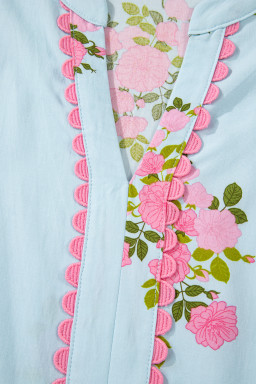 Sky Blue Notched Neck Flutter Short Sleeve Floral Print Maxi Dress