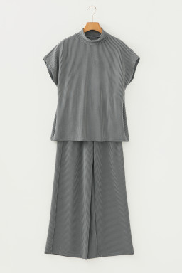 Dark Grey Twisted Ribbed High Neck Loose Tee Elastic High Waist Loose Pant Set