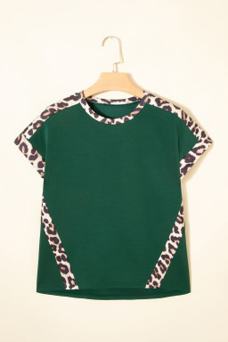 Sea Green Leopard Trim Round Neck Loose T Shirt