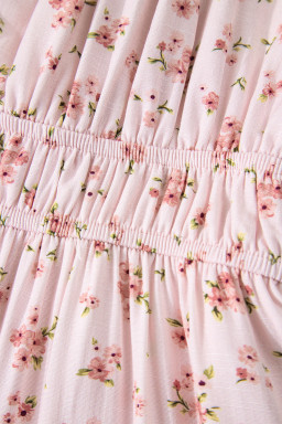 Pink Front Tie Shirred Waist Short Sleeve Ruffled Floral Mini Dress