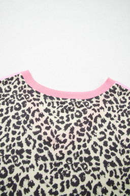 White Contrast V Neck Varsity Short Sleeve Leopard Top