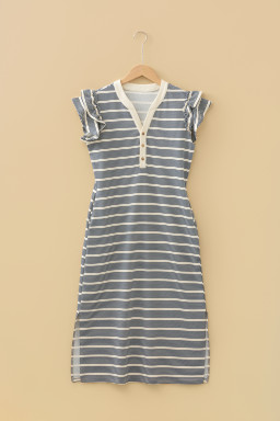 Blue Stripe Ruffled Short Sleeve Contrast Trim Button Notched Neck Midi Dress