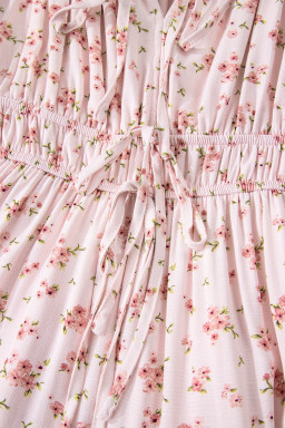 Pink Front Tie Shirred Waist Short Sleeve Ruffled Floral Mini Dress