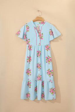 Sky Blue Notched Neck Flutter Short Sleeve Floral Print Maxi Dress