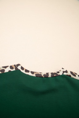 Sea Green Leopard Trim Round Neck Loose T Shirt
