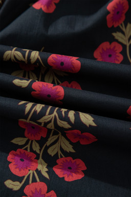 Black Retro Floral Print Button Down Belted Short Puff Sleeve Mini Dress