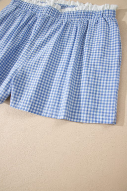 Sky Blue Contrast Trim Plaid Print Plus Size Shorts