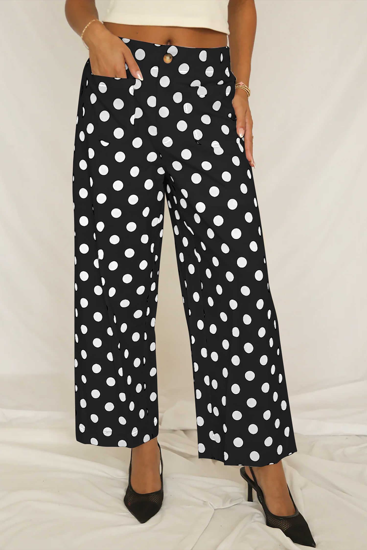 Black Polka Dot Print Patched Pocket Loose Pants