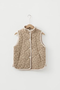 Khaki Floral Print Quilted Concealed Button Vest